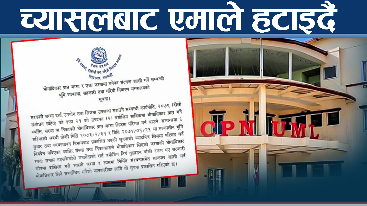 एमालेलाई अर्को संकट,  पार्टी कार्यालय पनि खाली गर्नुपर्ने